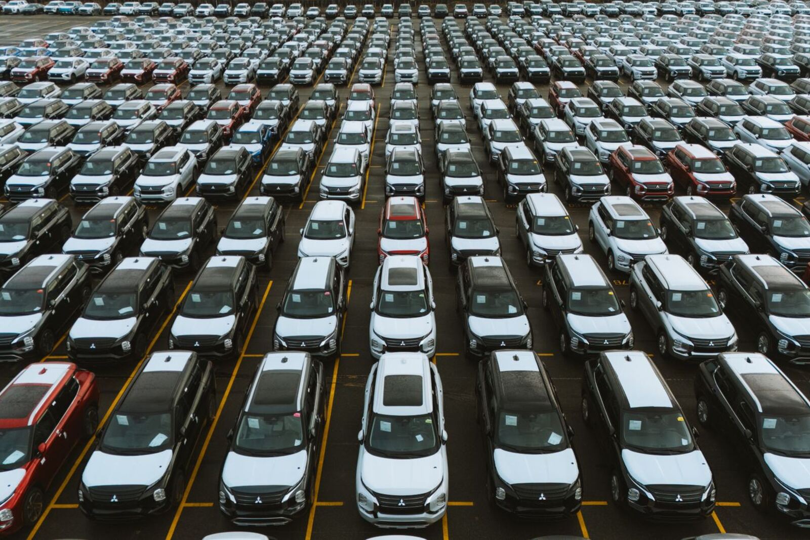Rows of parked cars in a large lot